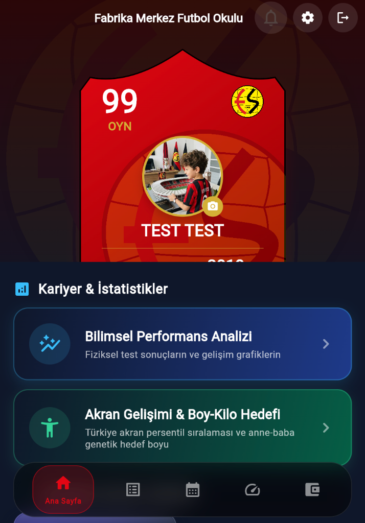 Eskişehirspor Futbol Okulları Veli & Sporcu Portalı Canlı Uygulama Ekranı